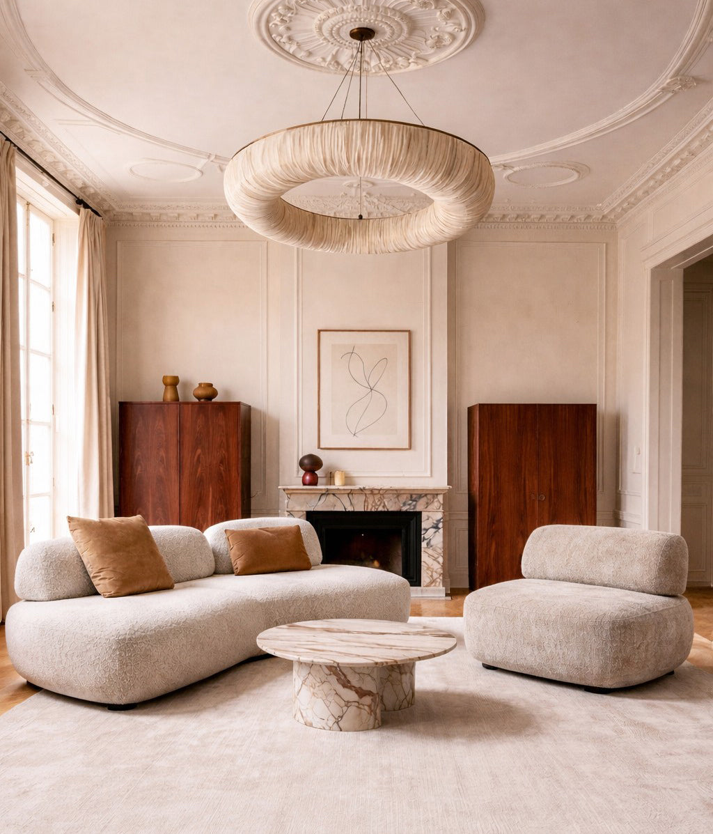 Modern living room with a Almond sofa, armless armchair, and marble coffee table Miami design