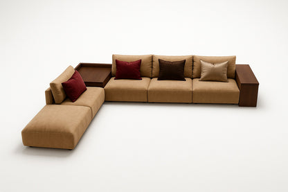 Beige sectional sofa with brown and red cushions modular pieces and bookcases and tables