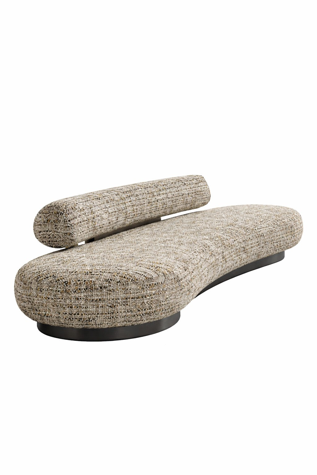 Modern, curved sofa with textured fabric taupe and white teture
