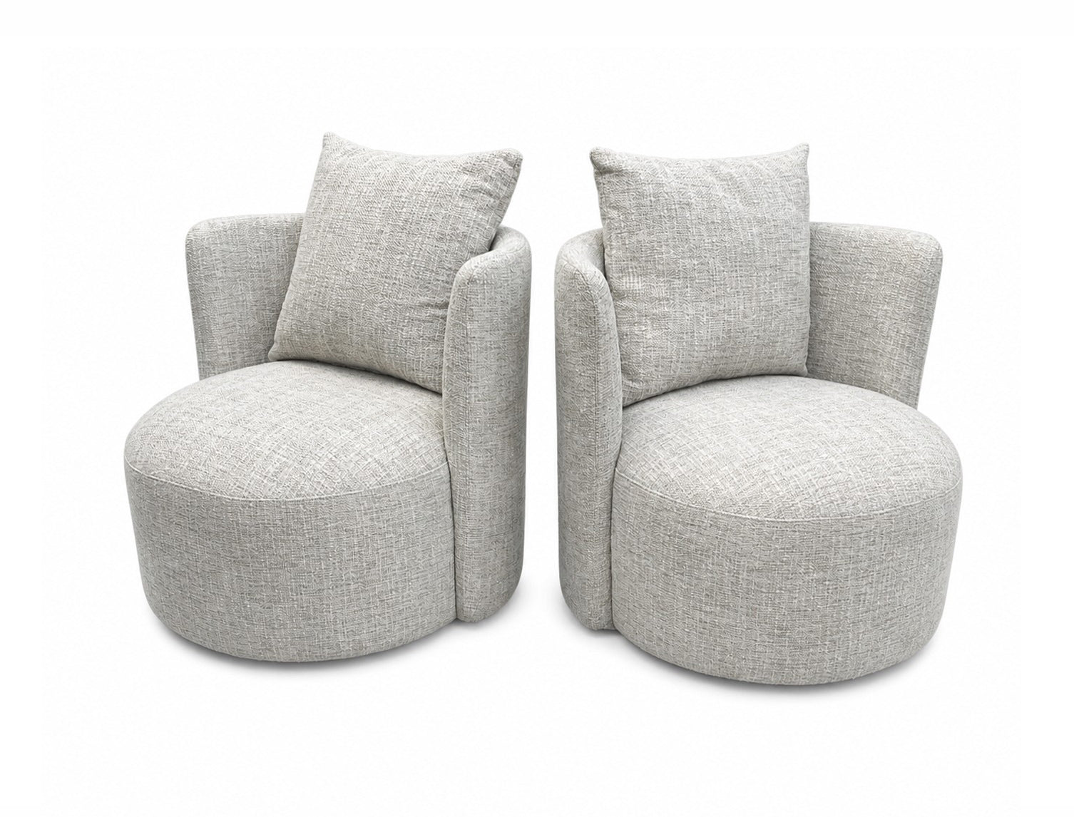 Two gray upholstered swivel  armchairs 