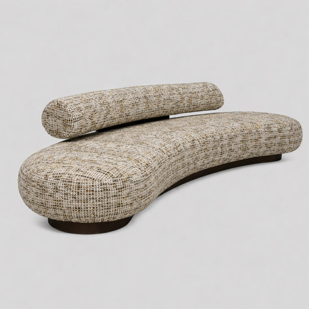 Contemporary taupe sculptural sofa in natural friendly upholstery curved design