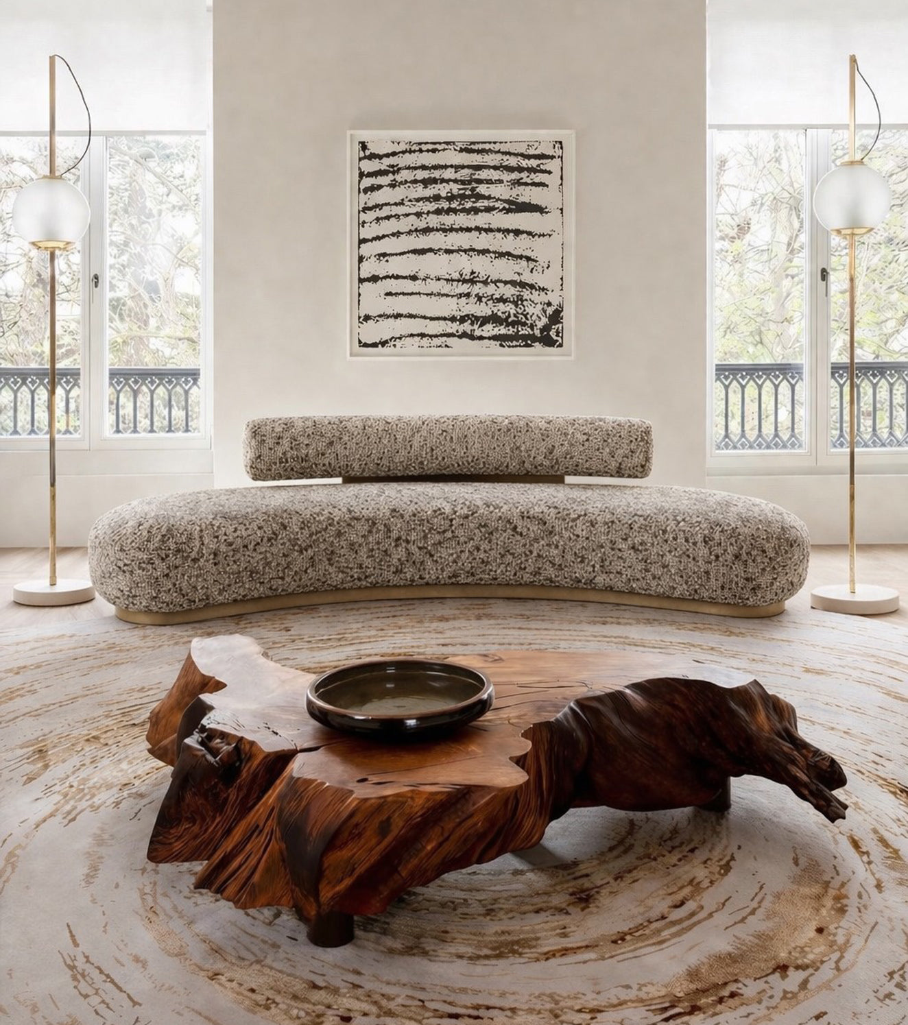 Modern living room with a curved sofa and wooden coffee table earthy palette unique design 