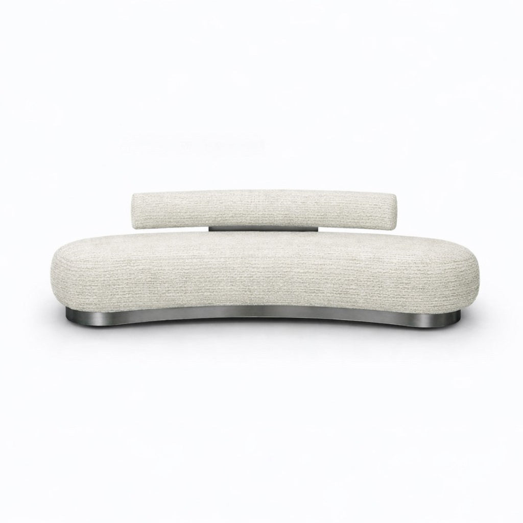 Modern white bench with metallic gunpowder base on a white stripped boucle and a contrasting aesthetics