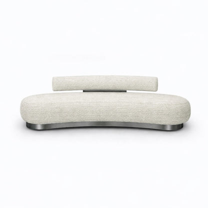 Modern white bench with metallic gunpowder base on a white stripped boucle and a contrasting aesthetics