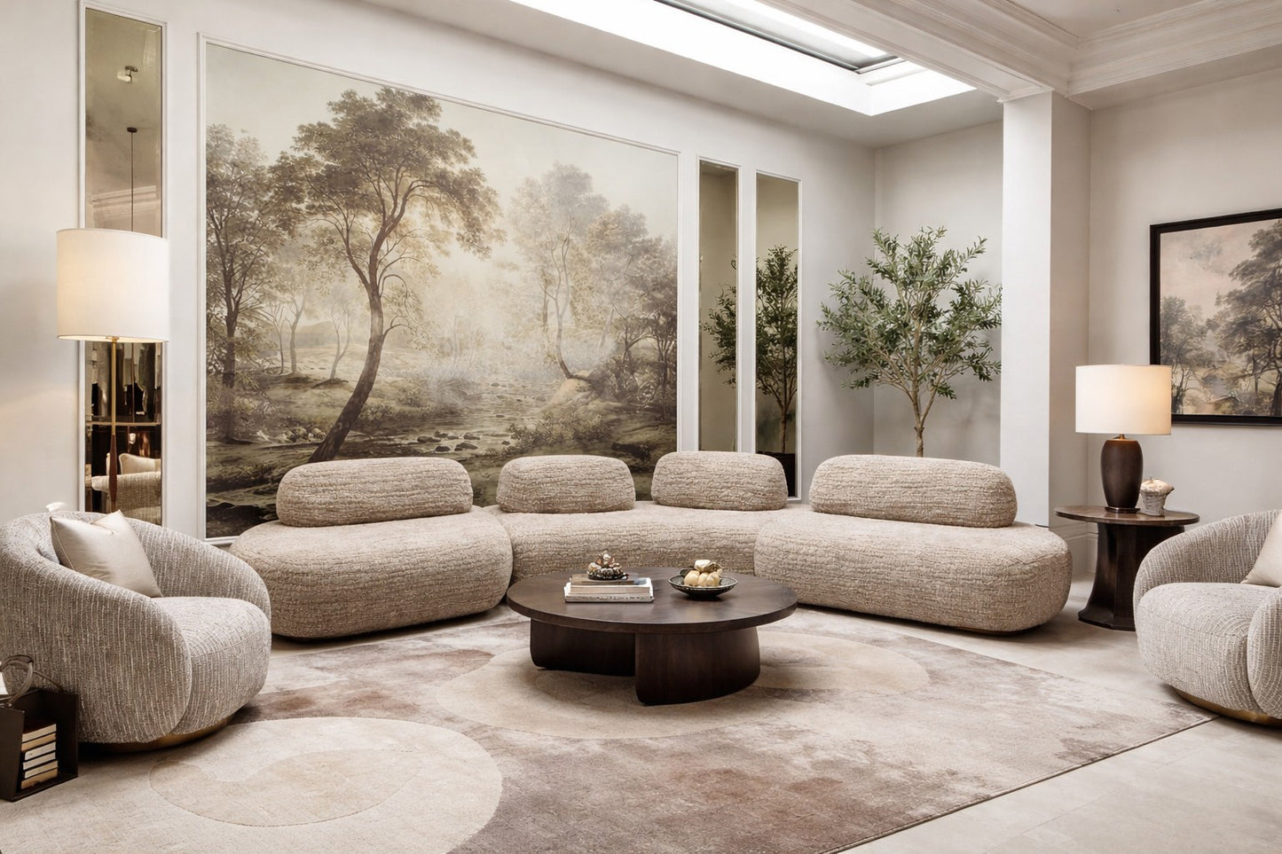 Modern living room with a large sectional sofa, round coffee table, designer modern aesthetics a contemporary living room