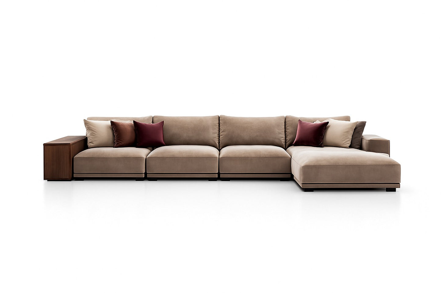 Beige sectional sofa with wooden armrests on a white background