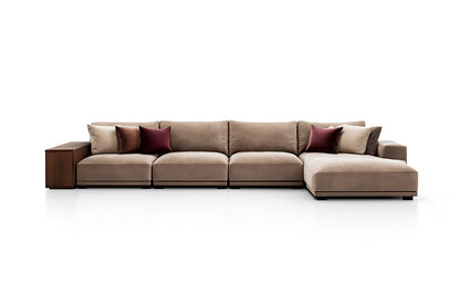 Beige sectional sofa with wooden armrests on a white background