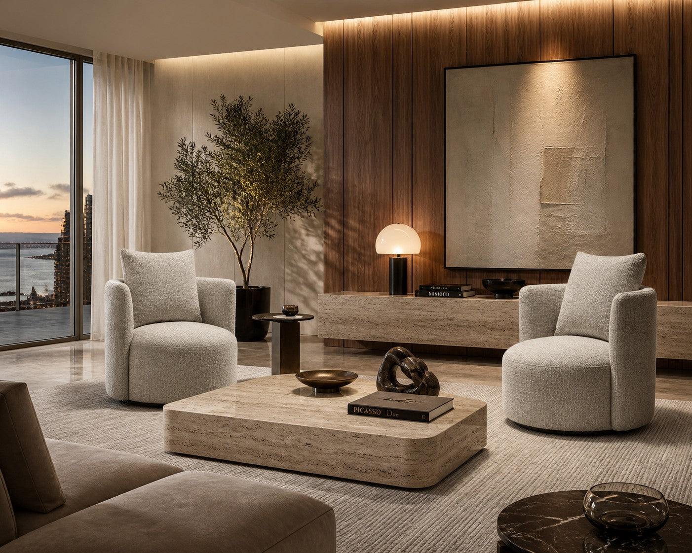 Modern living room with beige gray swivel arm chairs, a modern coffee table, and contemporary decorative items.