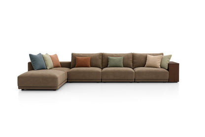 Brown sectional sofa with colorful cushions