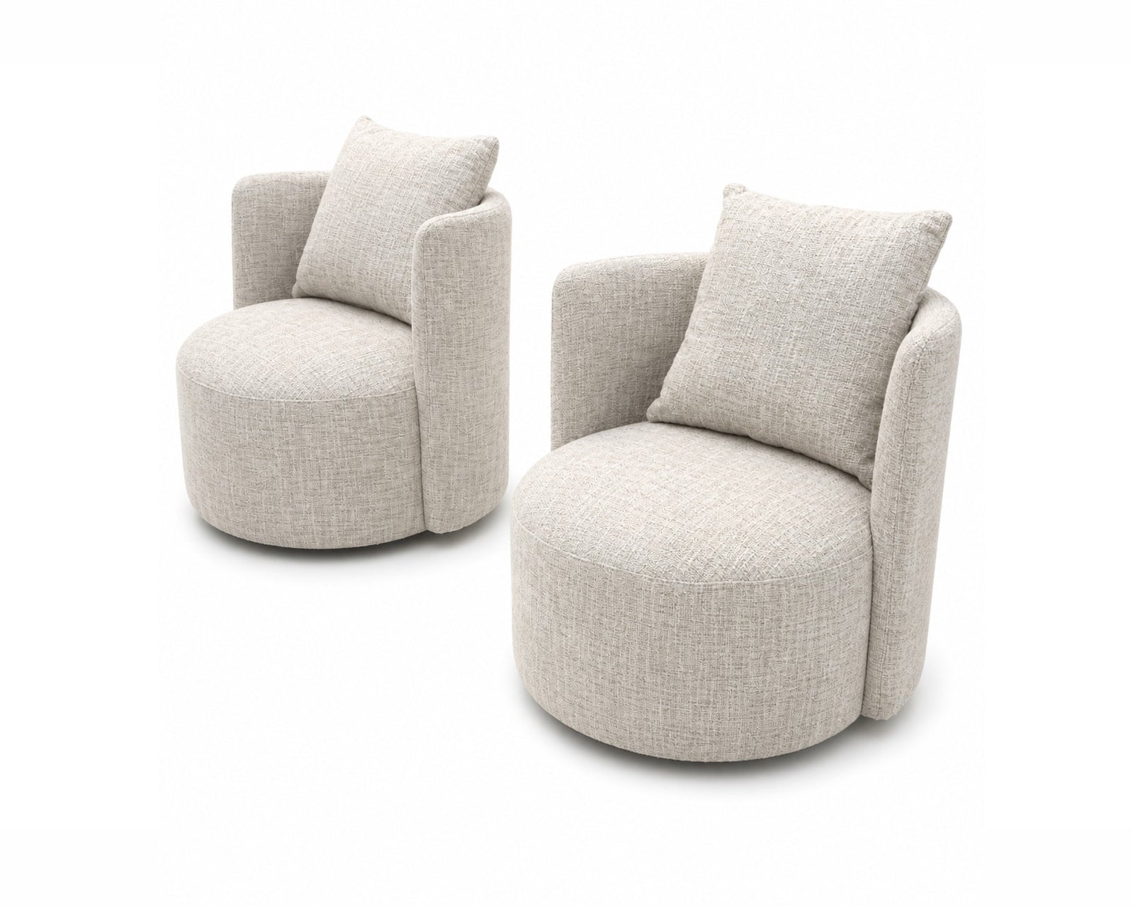 Two beige armchairs with round bases for any contemporary living room