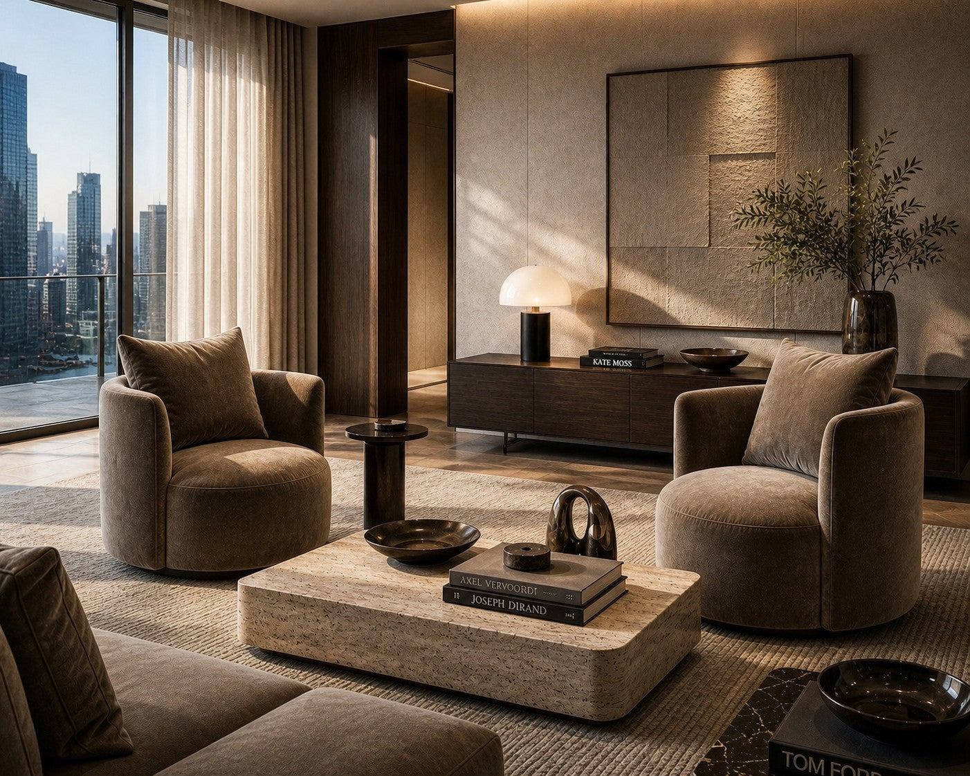 Modern living room with contemporary swivel  armchairs, a contemporary coffee table, 