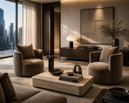 Modern living room with contemporary swivel  armchairs, a contemporary coffee table, 