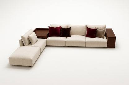 Miami designe off white sectional sofa with brown accents background