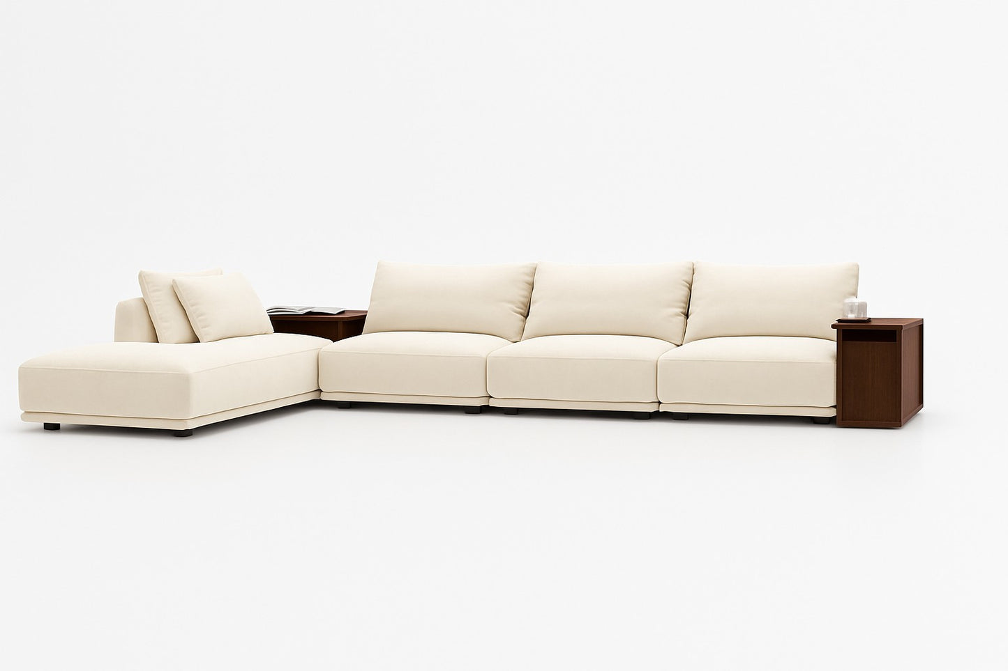 Interior design white sectional sofa with wooden end tables 