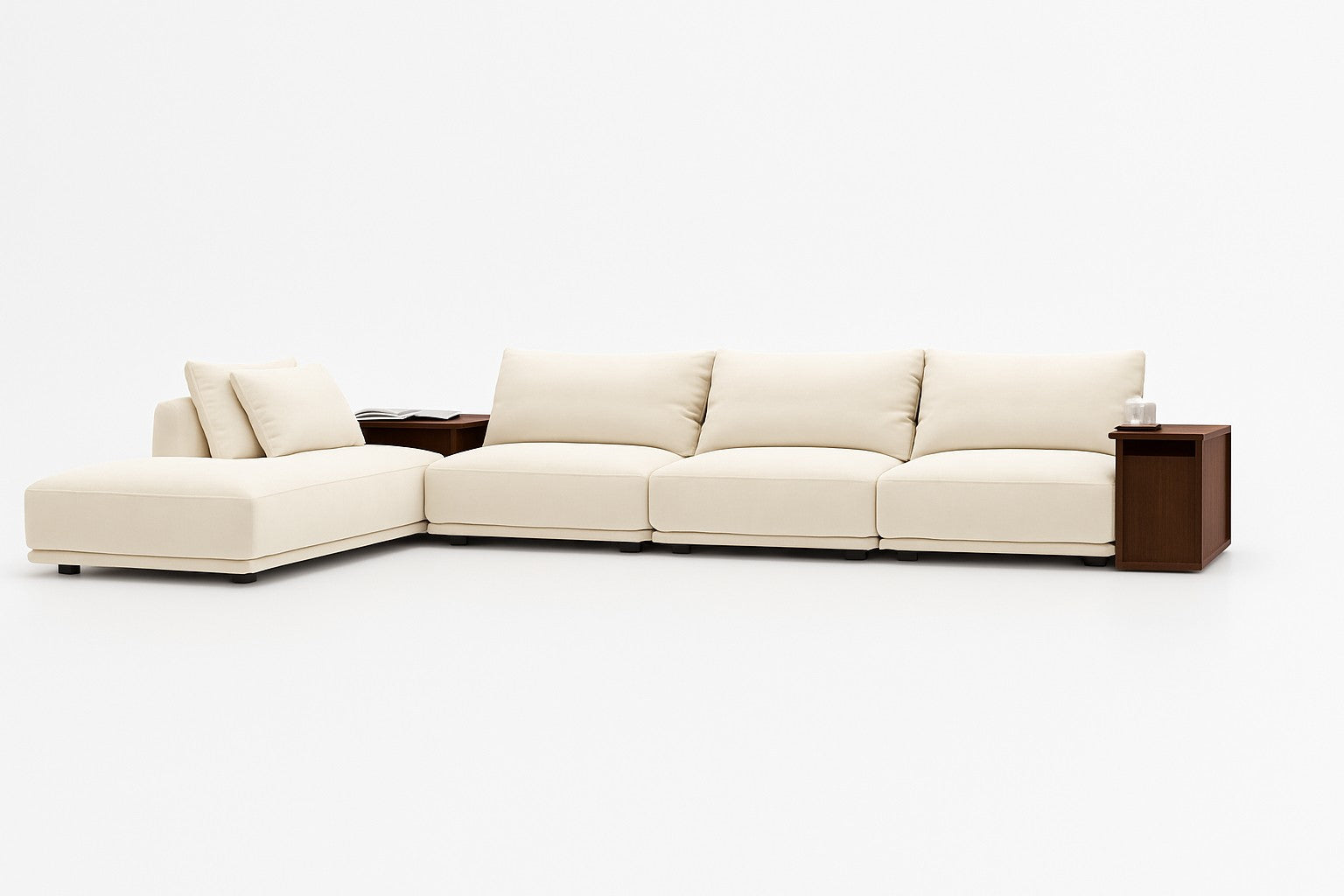 Interior design white sectional sofa with wooden end tables 